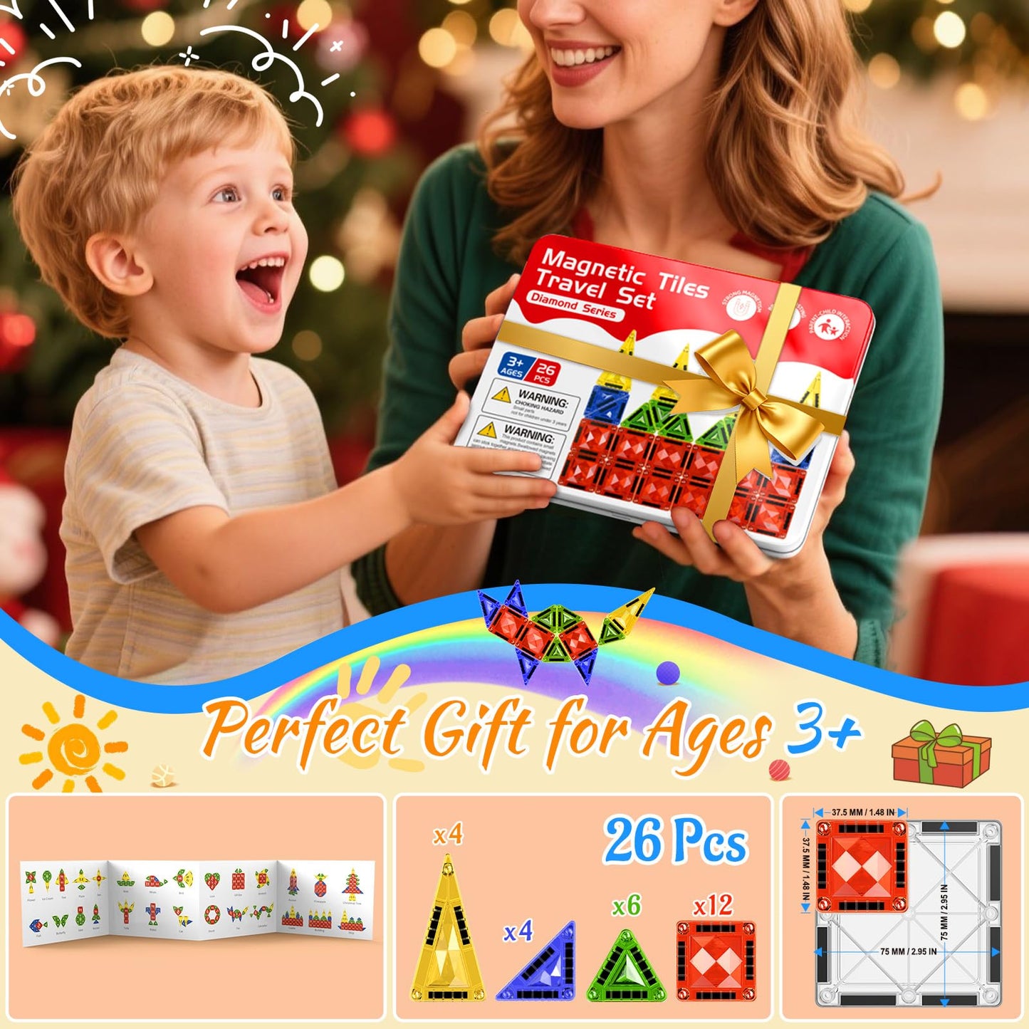 Zupooko Mini Magnetic Tiles for Kids 3-8 | Travel Magnetic Building Blocks with Metal Storage Box | STEM & Montessori Educational Toy Gift