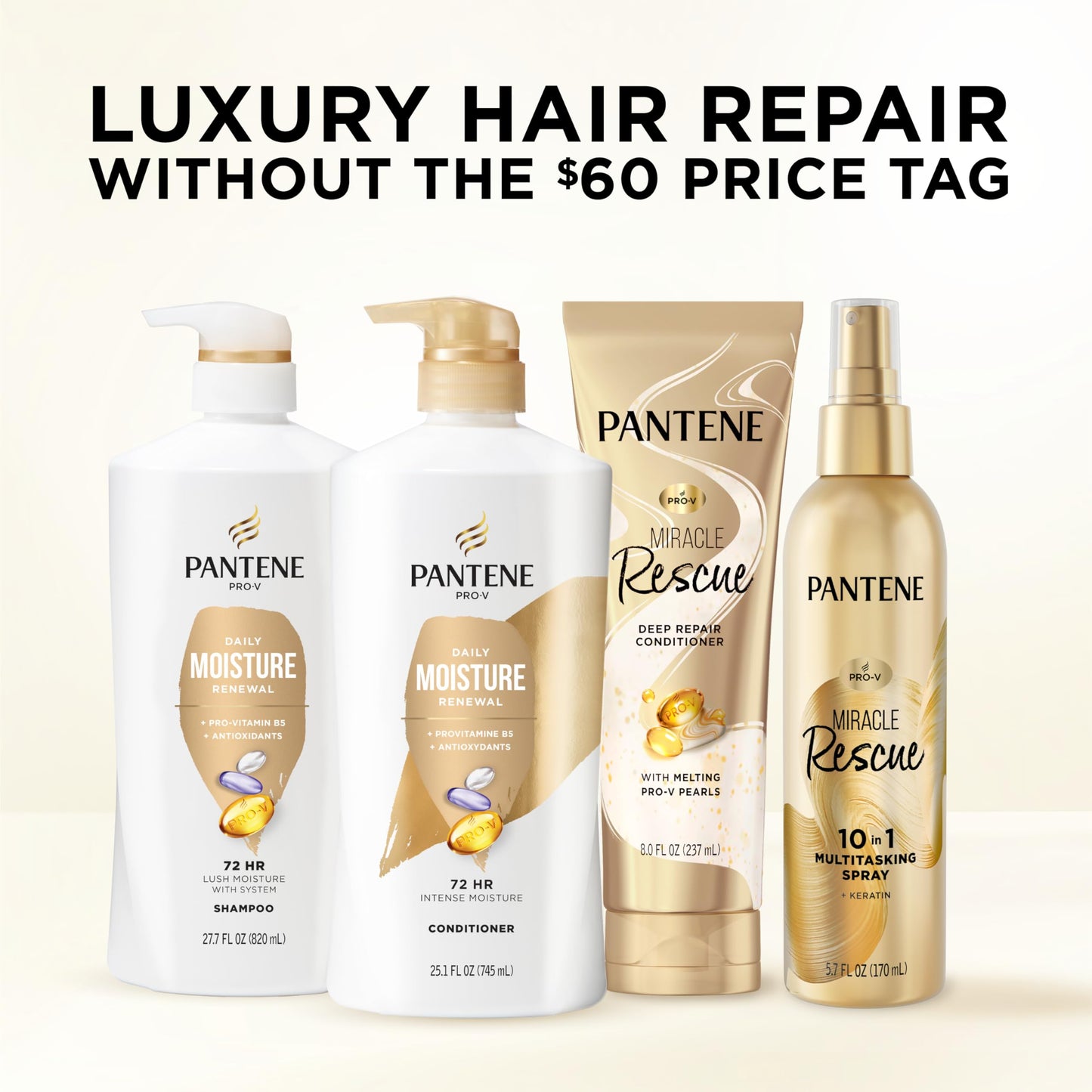 Pantene Daily Moisture Renewal Shampoo & Conditioner Set with Pro-V Nutrients for Dry, Color-Treated Hair + Miracle Rescue Shot, 52.8 Oz