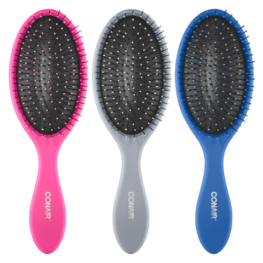 Conair Detangling Hair Brush Set 3 Pack, For Wet, Dry and All Hair Types, Detangling Brushes for Women in Blue, Pink, and Gray