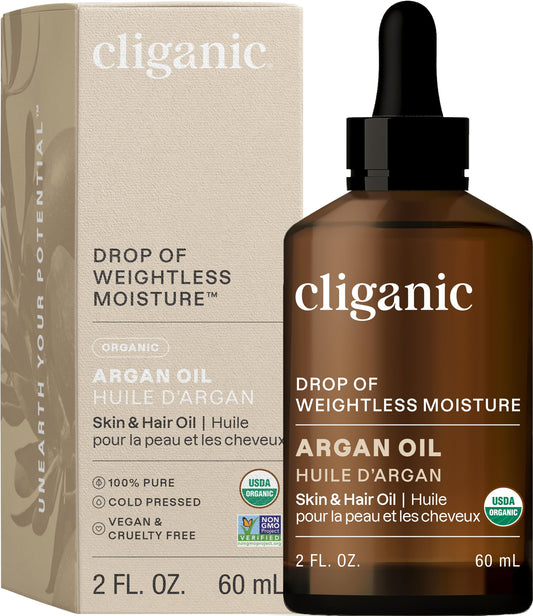 Cliganic Organic Argan Oil, 100% Pure - for Hair, Face & Skin | Cold Pressed Carrier Oil