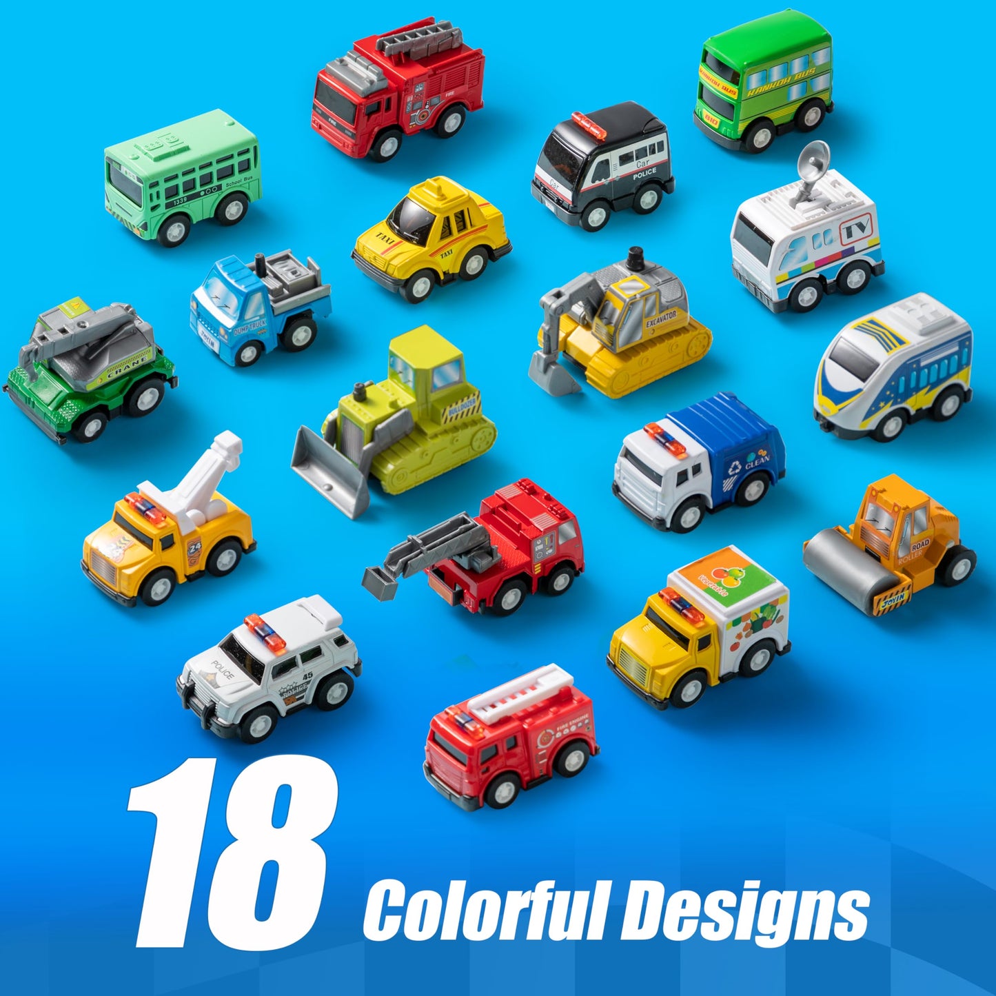 JOYIN 18-Pc Pull Back Cars & Trucks Toy Set – Friction Powered Vehicles for Toddlers Boys & Girls, Educational Play, Stocking Stuffers & Classroom Gifts