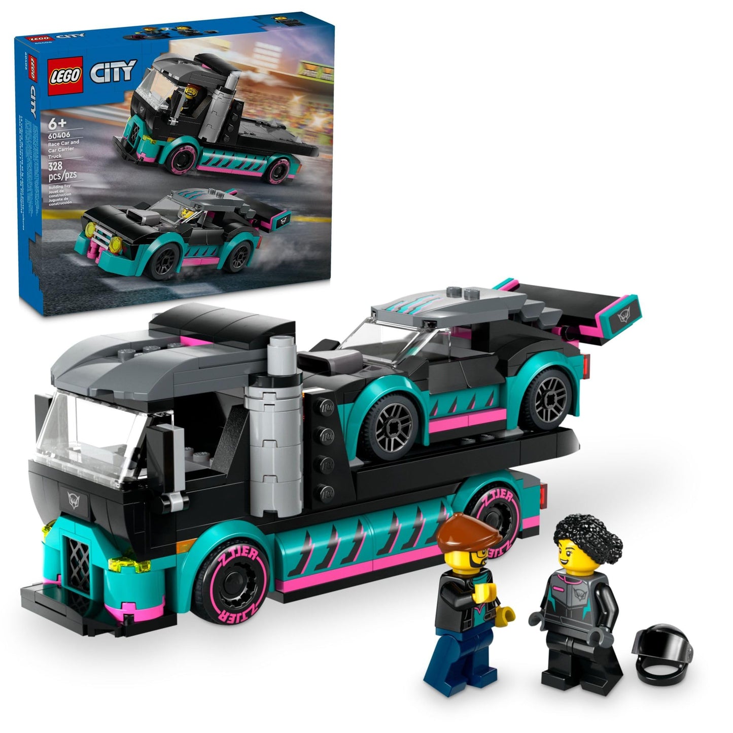 LEGO City Race Car & Carrier Truck Playset 60406 – Vehicle Transporter with Adjustable Ramp, Race Car, Minifigures, Fun Gift for Kids 6+