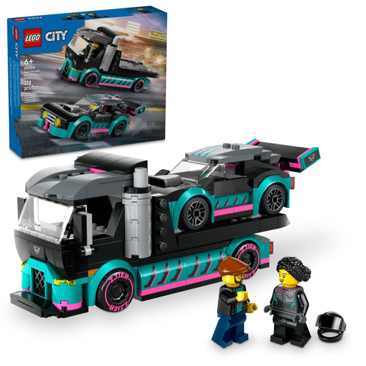 LEGO City Race Car & Carrier Truck Playset 60406 – Vehicle Transporter with Adjustable Ramp, Race Car, Minifigures, Fun Gift for Kids 6+
