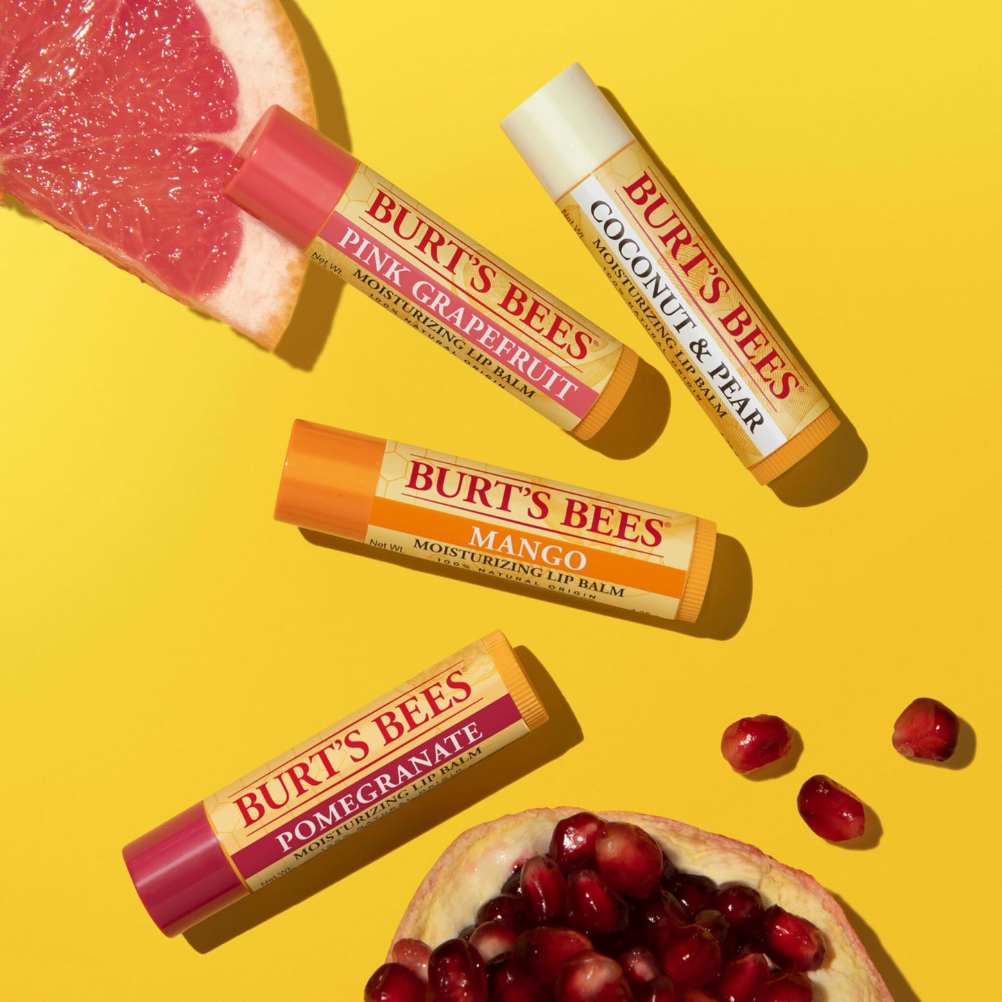 Burt's Bees Lip Balm 4-Pack – Pink Grapefruit, Mango, Coconut & Pear, Pomegranate – Natural, Tint-Free Moisturizer, 0.15 oz Each