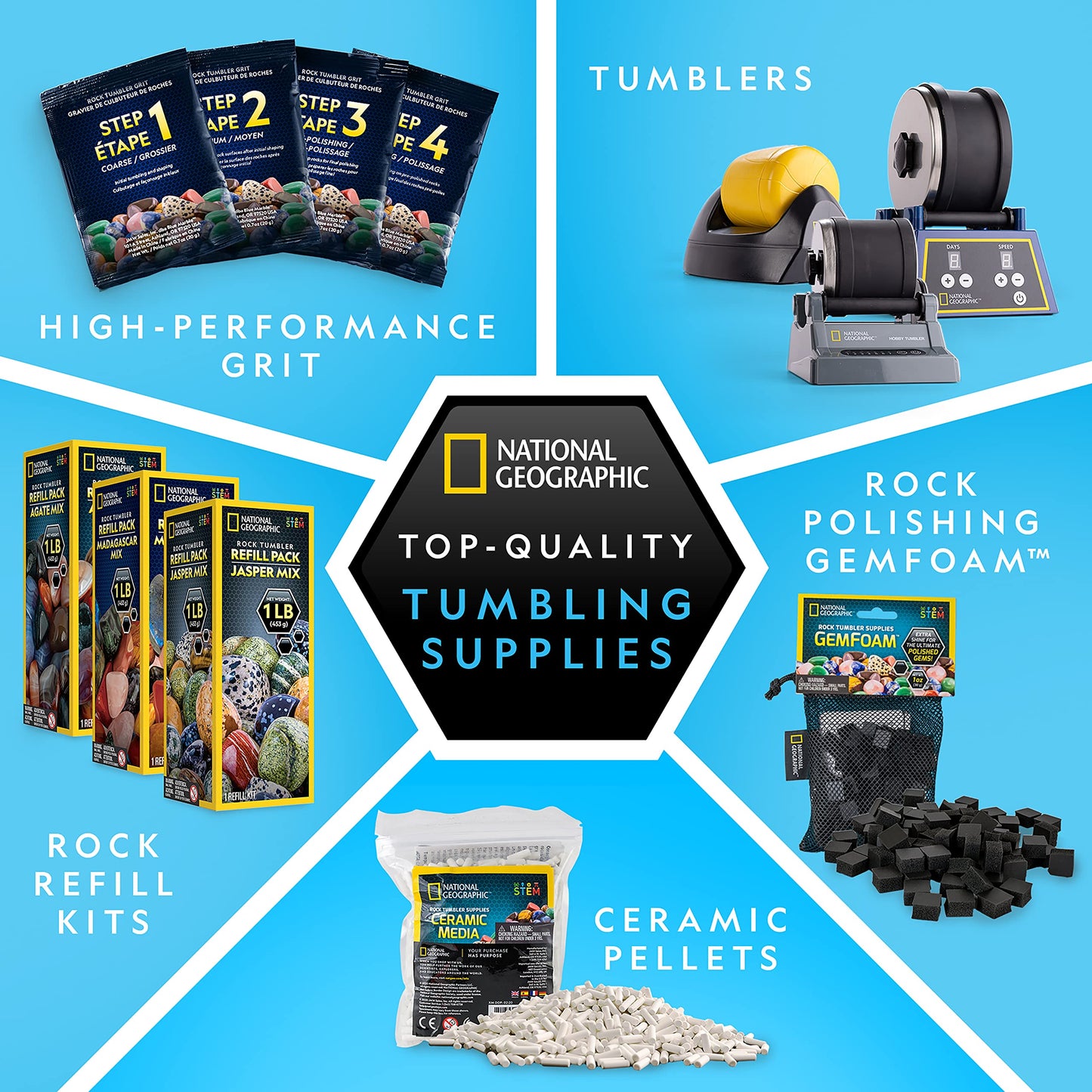 National Geographic Rock Tumbler Refill Kit – 3 lbs Rough Gemstones Including Amethyst & Quartz with Grit & Jewelry Accessories