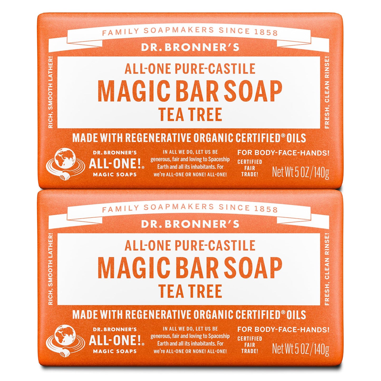 Dr. Bronner's Pure-Castile Magic Bar Soap, 2 Pack 5oz – Vegan, Regenerative Organic Oils, Tea Tree, Face, Body & Hair for Men & Women