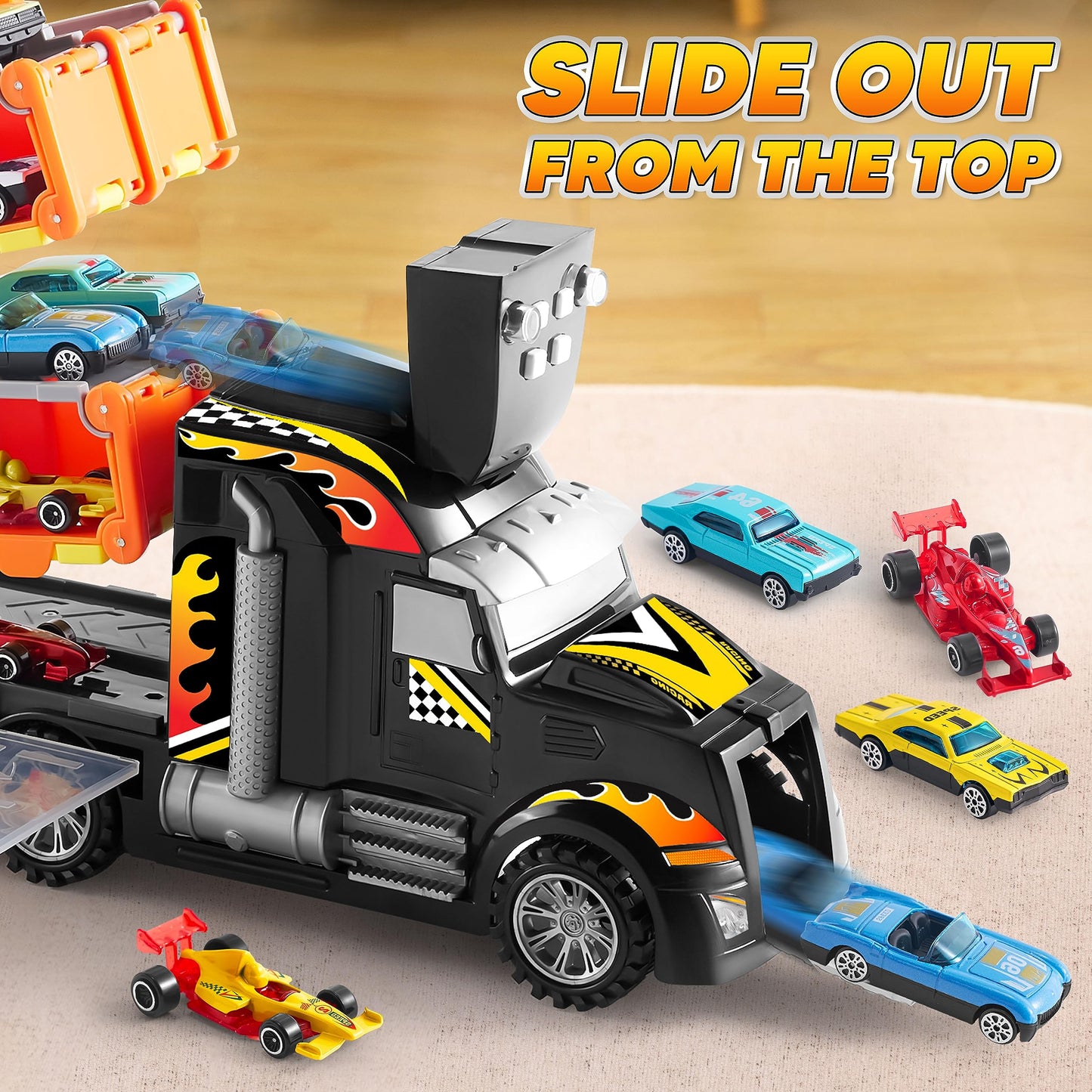 JOYIN Kids Toy Truck Playset with 60" Race Track, 12 Die-Cast Cars, Lights & Sounds – Toddler Gift for Boys & Girls Ages 2-7