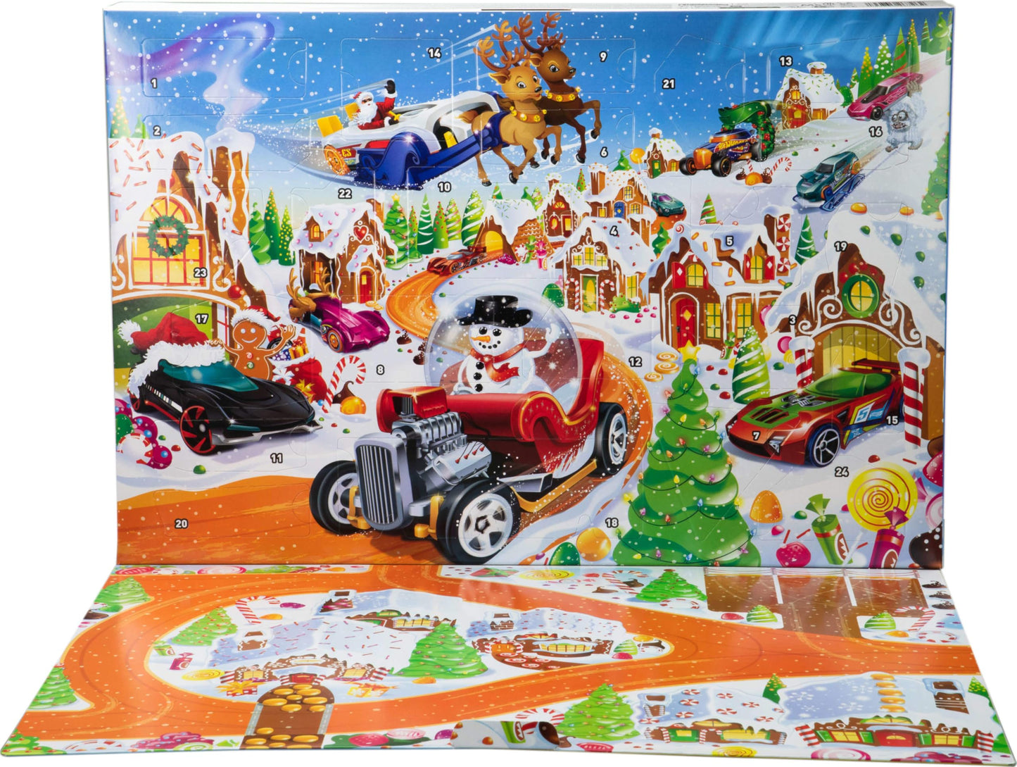 Hot Wheels Toy Cars & Playset, 2025 Advent Calendar with 10 Vehicles in 1:64 Scale, 10 Ornament Clips & 14 Winter-Themed Accessories