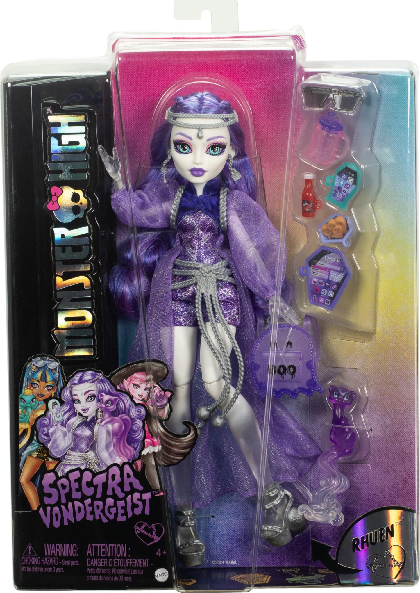 Monster High Spectra Vondergeist Doll with Pet Ferret Rhuen and Accessories Like Backpack, Tablet, Snacks and More
