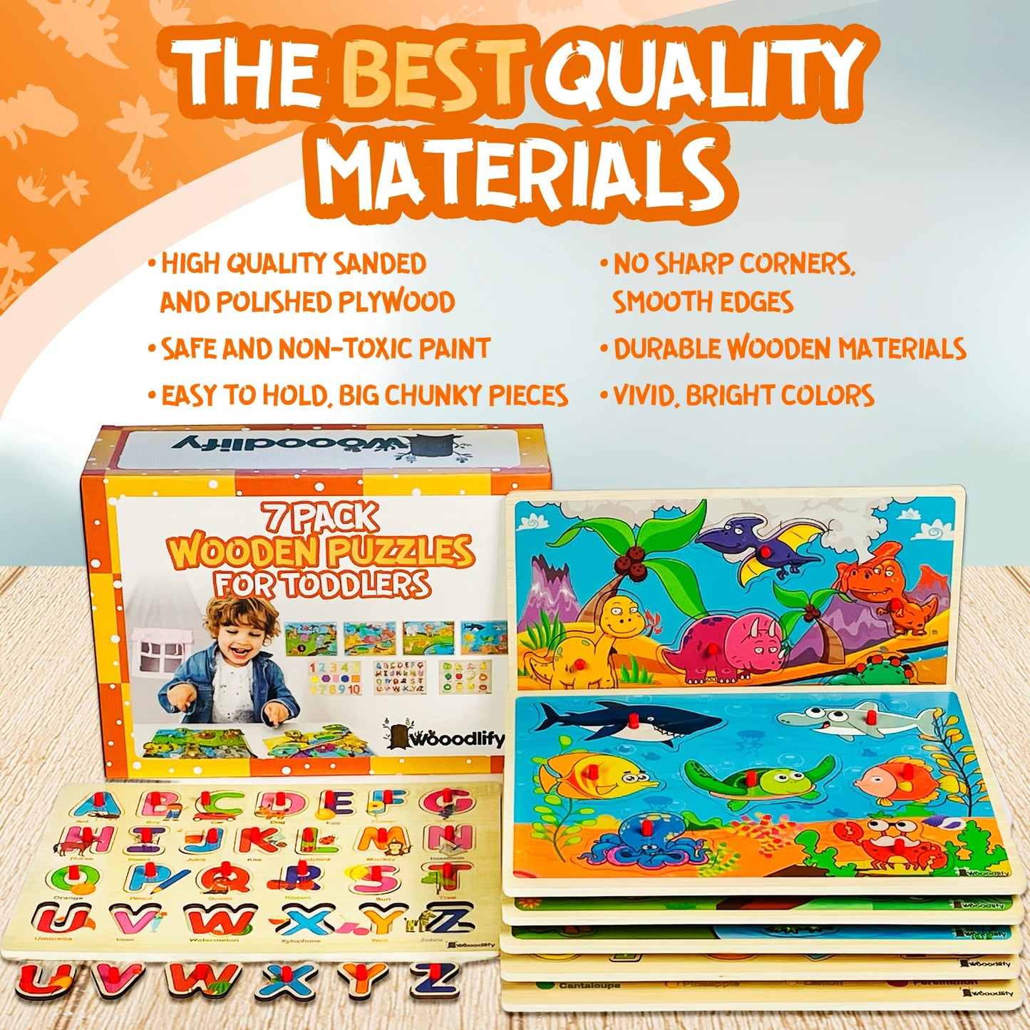 7-Pack Wooden Puzzles for Toddlers Ages 2-5 – Colorful Chunky Peg Puzzles with Alphabet, Numbers, Animals & Shapes, Educational Learning Toys