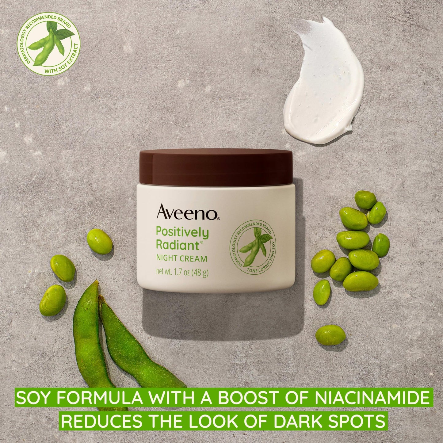 Aveeno Positively Radiant Night Cream for Face & Neck – Tone Correcting Soy & Niacinamide, Evens Skin, Targets Dullness, 1.7 oz