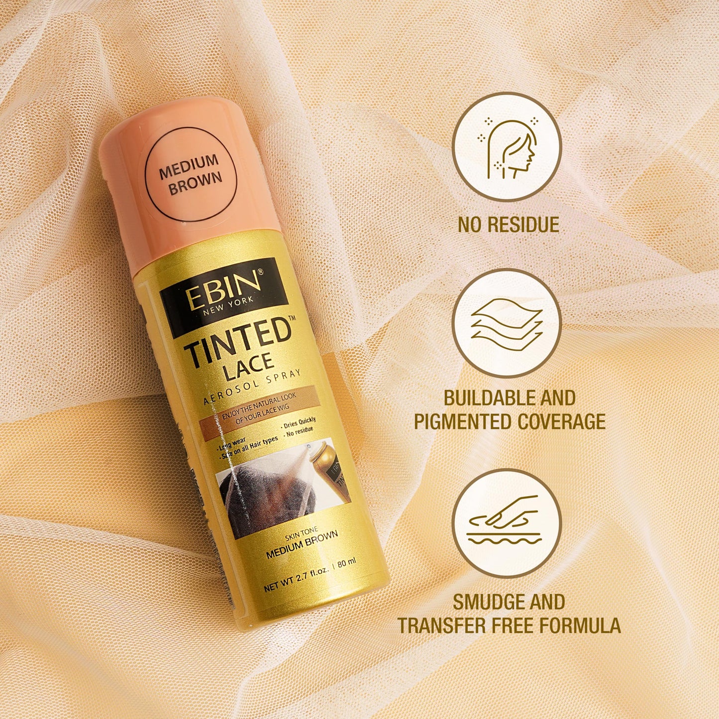 Tinted Lace Spray - Medium Brown 2.7fl.oz/80ml | Seamless Lace Blending, Quick-Dry Formula, Natural Finish for Lace Front Wigs