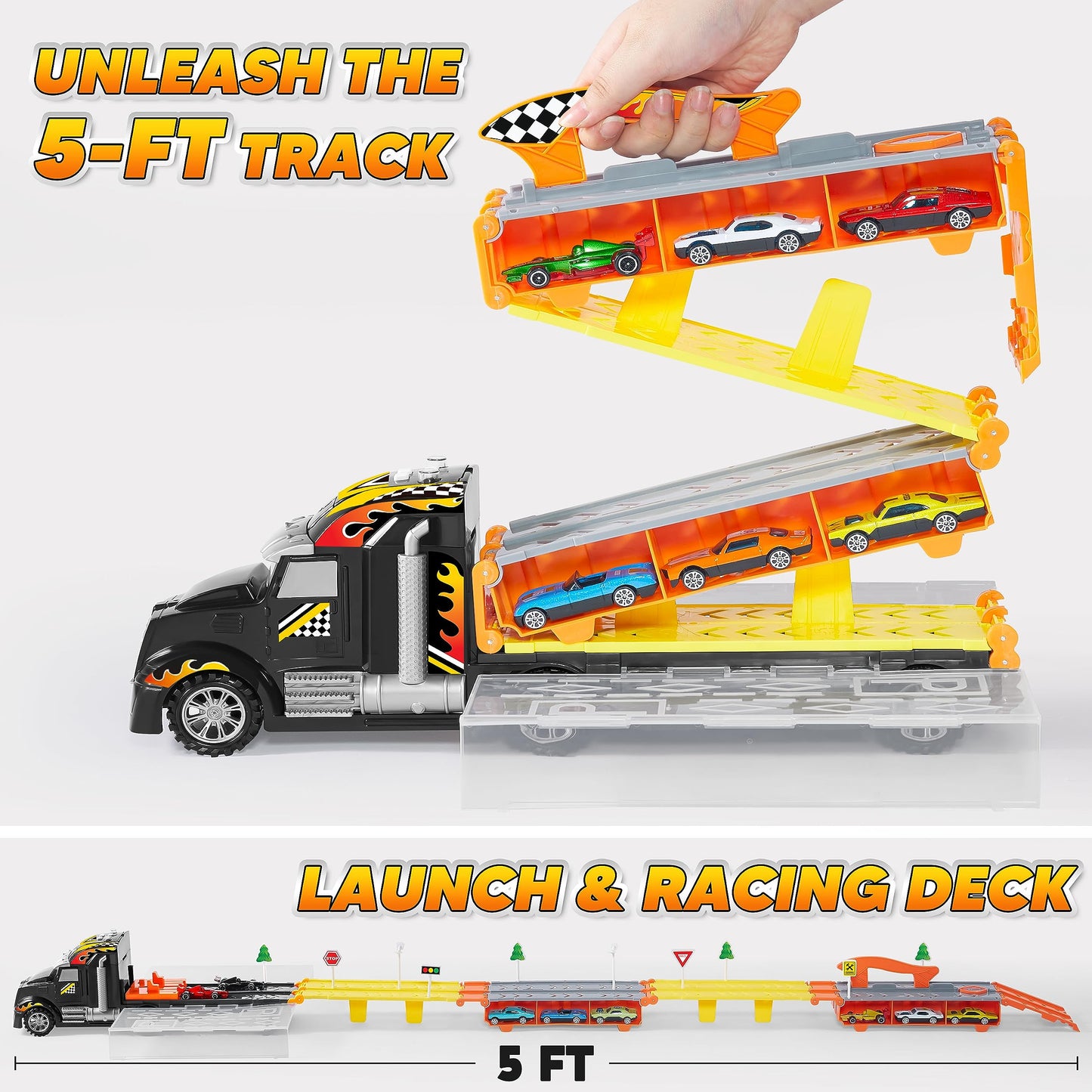 JOYIN Kids Toy Truck Playset with 60" Race Track, 12 Die-Cast Cars, Lights & Sounds – Toddler Gift for Boys & Girls Ages 2-7