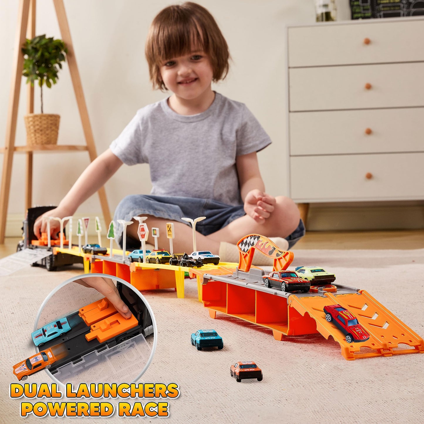 JOYIN Kids Toy Truck Playset with 60" Race Track, 12 Die-Cast Cars, Lights & Sounds – Toddler Gift for Boys & Girls Ages 2-7