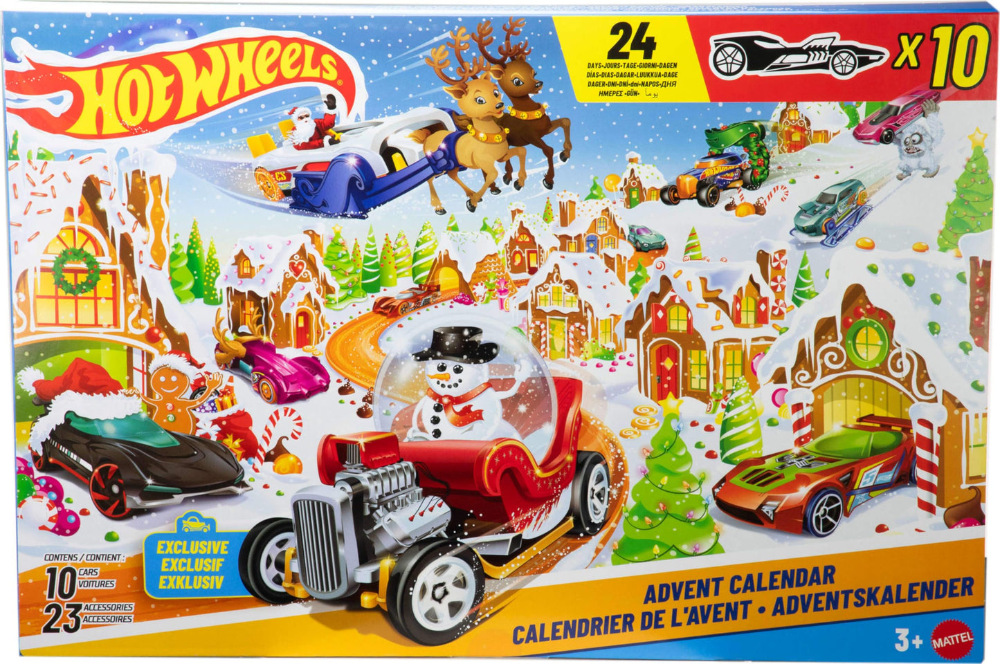 Hot Wheels Toy Cars & Playset, 2025 Advent Calendar with 10 Vehicles in 1:64 Scale, 10 Ornament Clips & 14 Winter-Themed Accessories