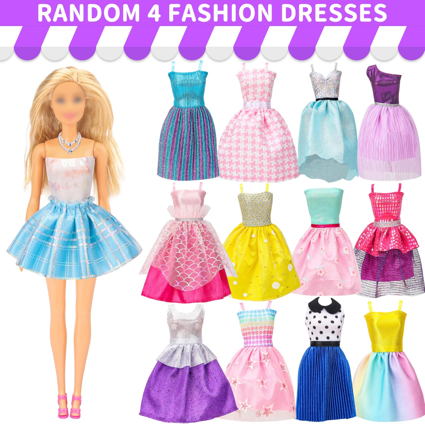 Style Shine 70-Pc Doll Clothes & Accessories Set – 6 Dresses, 2 Wedding Gowns, Casual Outfits, Shoes, Hangers & Toys for Girls