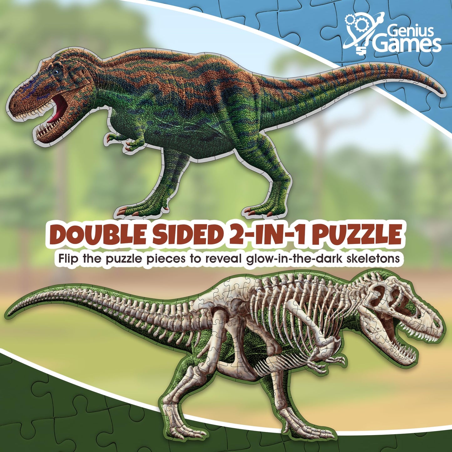 Tyrannosaurus Rex 100-Piece Double-Sided Jigsaw Puzzle – Glow-in-the-Dark Skeleton, 4ft Dino Illustration, Educational Toy for Kids