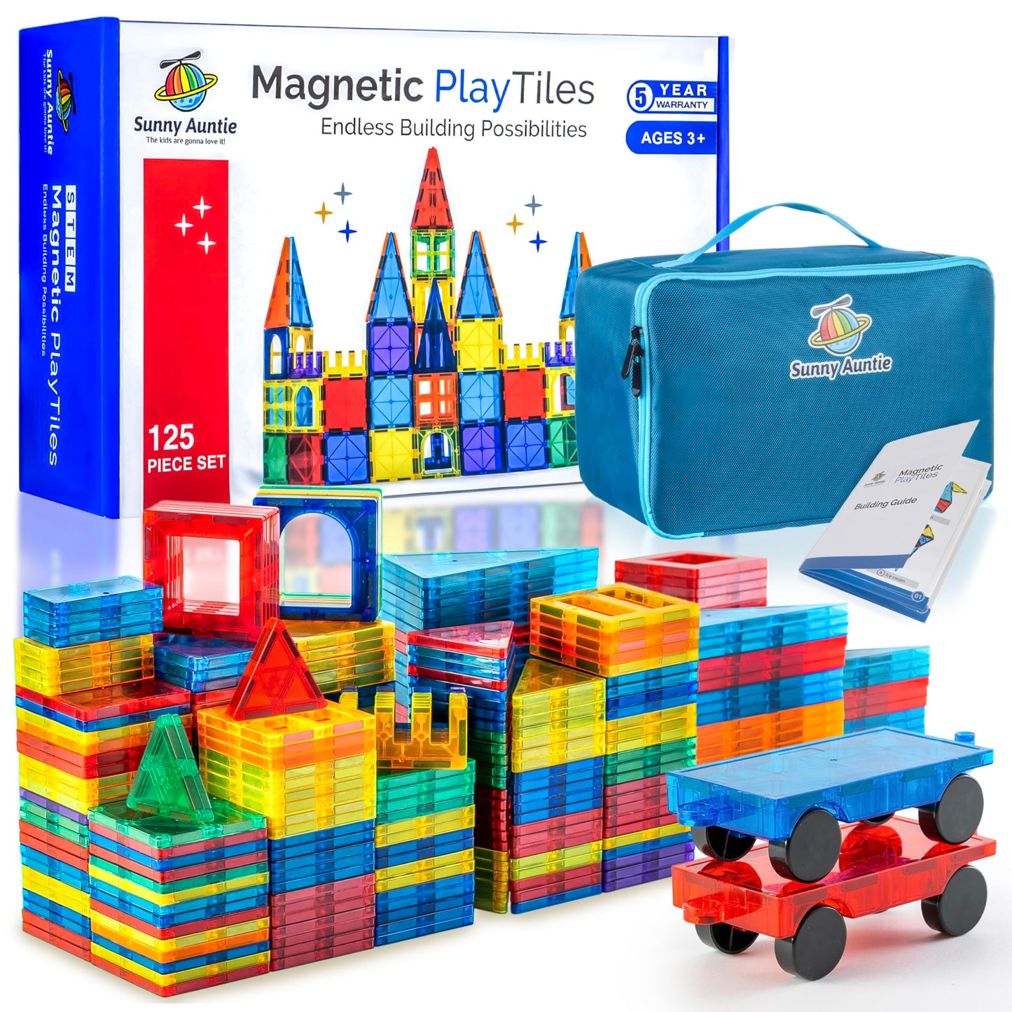 SUNNY AUNTIE 125+ Magnetic Tiles with Bonus Zippered Case, STEM Building Set for Kids Ages 3-8, Fun Gift for Boys & Girls