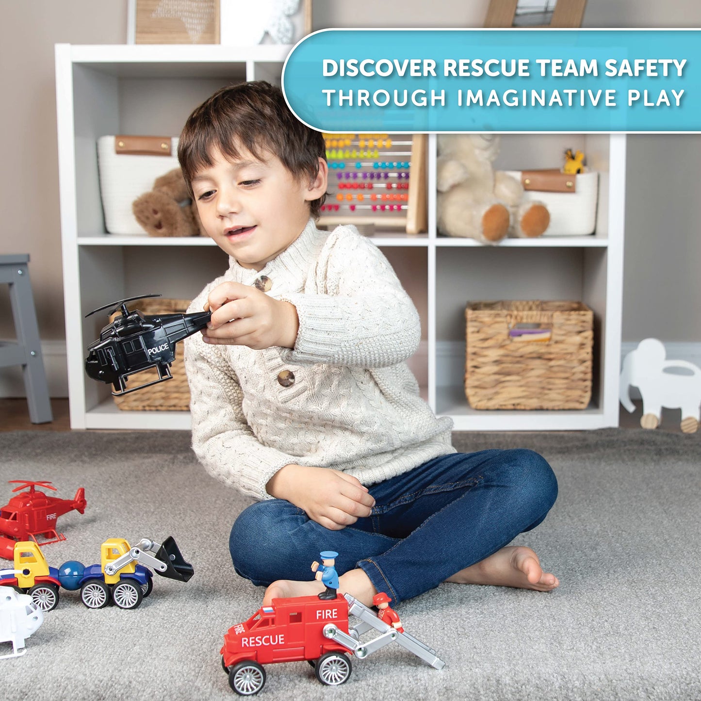 PLAY BRAINY 59-Piece Magnetic Emergency Vehicle Toy Set – Fire Truck, Ambulance, Helicopter & More for Kids 3+ Years