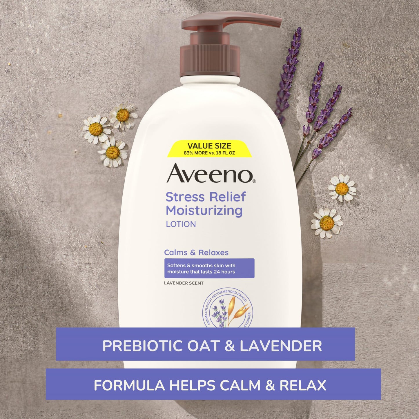 Aveeno Stress Relief Body Lotion 33oz – Lavender Scent, Prebiotic Oat, 24-Hour Hydration, Non-Greasy, Paraben & Dye Free, Calming for Sensitive Skin