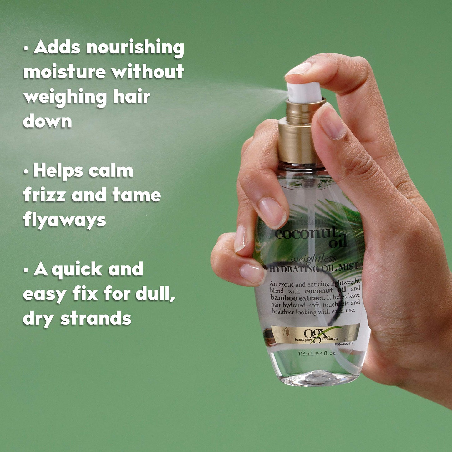 OGX Nourishing + Coconut Oil Weightless Hydrating Hair Mist, Leave-In Treatment with Bamboo Extract, Paraben & Sulfate-Free, 4 Fl Oz