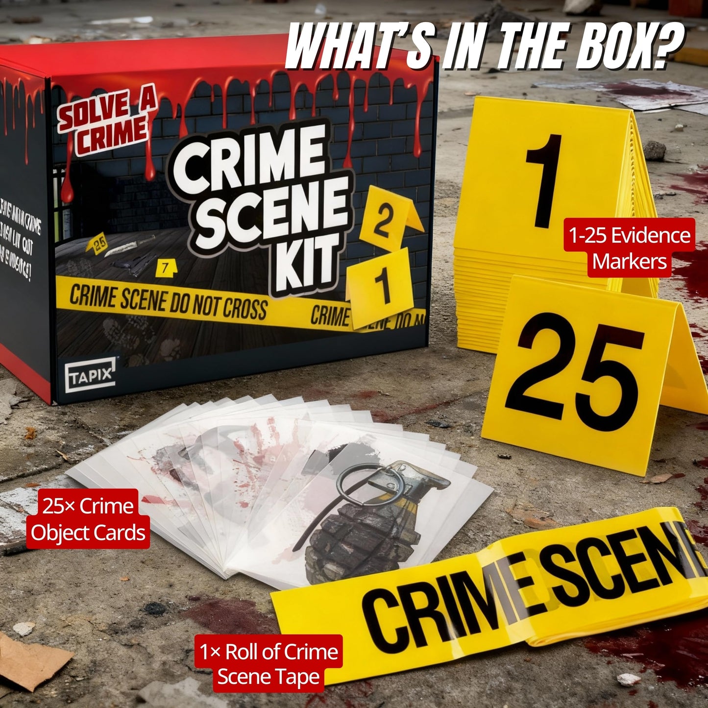 Halloween Crime Scene Decorations Kit - Mystery Dinner Party Supplies with Crime Scene Tape, 25 Evidence Markers & 25 Crime Object Cards