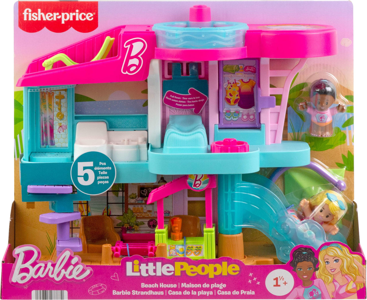 Fisher-Price Little People Toddler Toy Barbie Beach House Playset, Figures and Accessories for Preschool Pretend Play Kids Ages 18+ Months