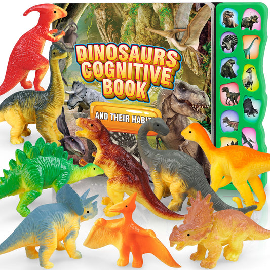 Dinosaur Toys Set with 12 Figures & Sound Book – Realistic Roars, Interactive Educational Fun for Kids 3-6 Years Old