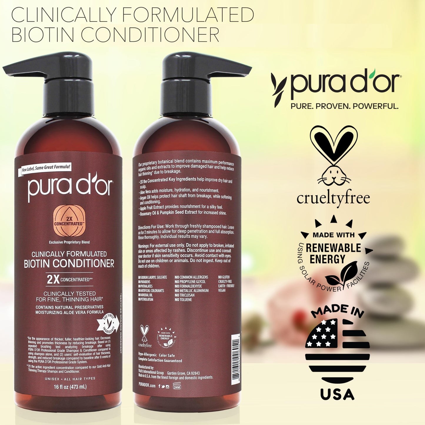 PURA D'OR Biotin Conditioner 16oz – 2X Concentrated Herbal Blend for Thinning Hair – Daily Hair Thickening & Strengthening Formula for Men & Women