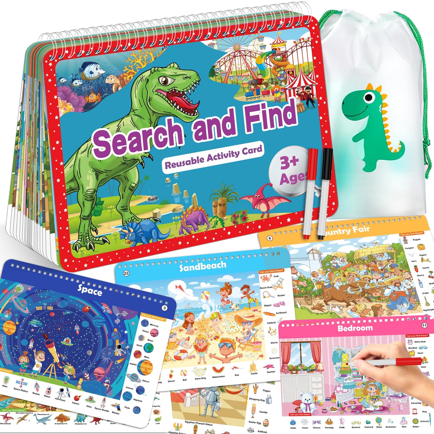 Elfew Search & Find Activity Book for Kids 3-8 | 24 Reusable Toddler Activities | Educational Travel Toy for Ages 4-6