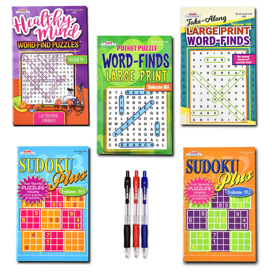 5-Pack 450+ Travel-Size Sudoku Book,Sudoku Puzzles for Adults, Large Print WordSearch Puzzle Books for Adults, Aging Seniors Brain Stimulation Variety Pack Bulk – Digest Size 8x5