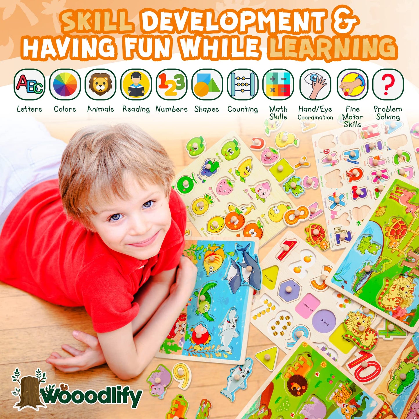 7-Pack Wooden Puzzles for Toddlers Ages 2-5 – Colorful Chunky Peg Puzzles with Alphabet, Numbers, Animals & Shapes, Educational Learning Toys