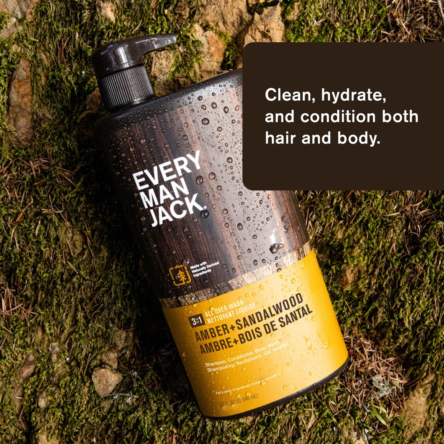 Every Man Jack 3-in-1 All Over Wash for Men, Amber + Sandalwood | Cleanse, Nourish & Protect Skin & Hair | Soy Protein, Aloe & Glycerin | 2-Pack