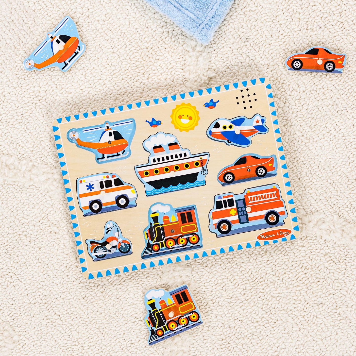 Melissa & Doug Vehicles Sound Puzzle – 8-Piece Wooden Peg Puzzle with Light-Activated Sounds, Music Learning Toy for Toddlers and Preschoolers Ages 2+