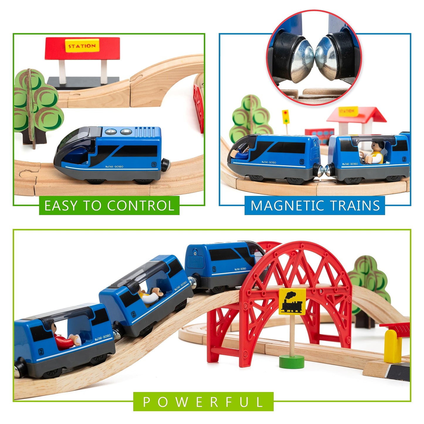 KipiPol Battery Operated Action Locomotive Train for Wooden Tracks, Magnetic Engine Compatible with Thomas & Brio Sets, Kids Ages 3-5+