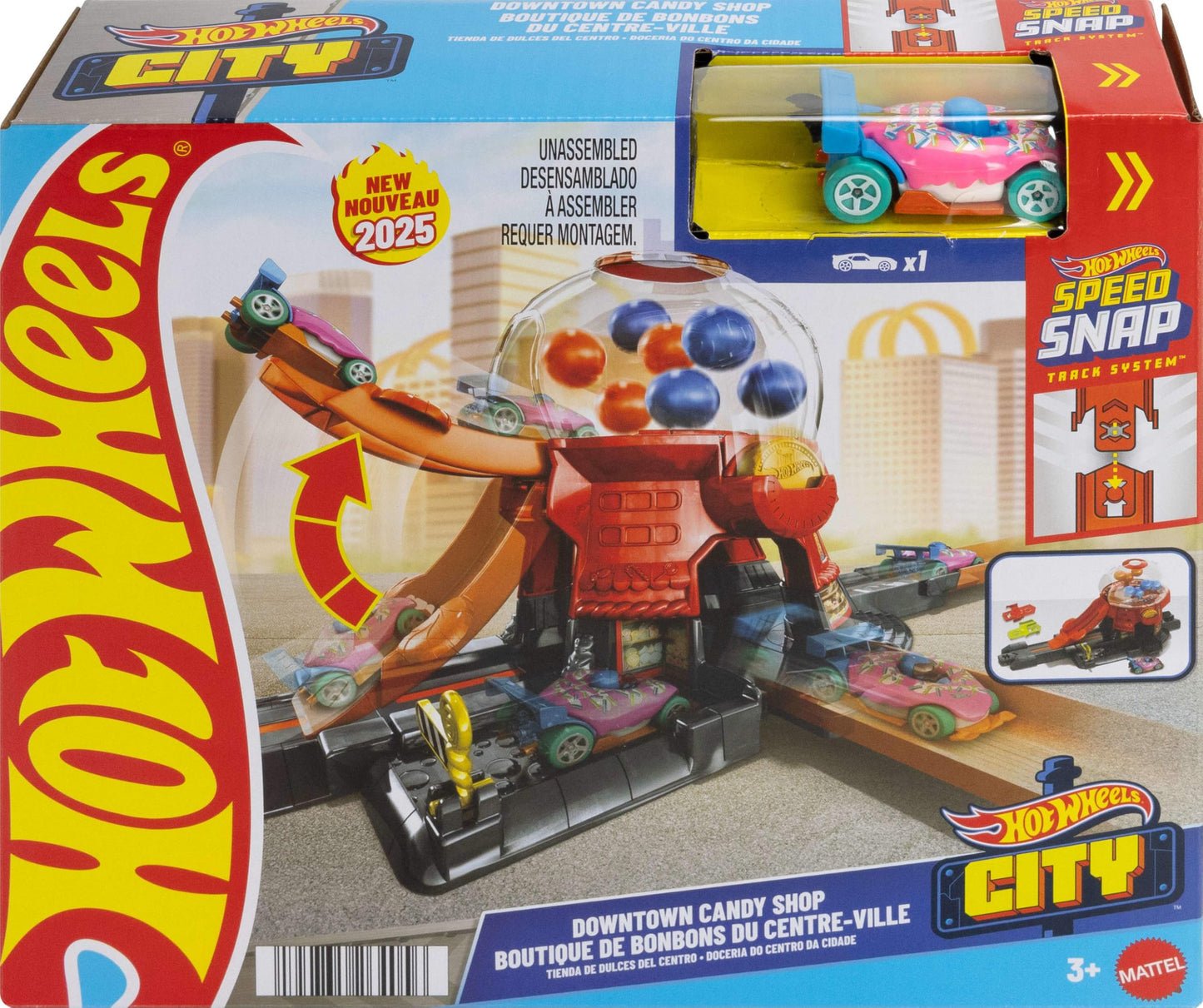 Hot Wheels Toy Car Track Set, Gumball Machine Playset with 1:64 Scale Die-Cast Donut-Shaped Vehicle & Speed Snap Track, Downtown City Candy Shop