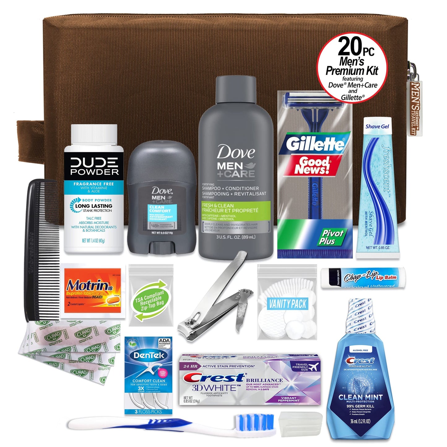 Convenience Kits International Men’s 20-Piece Premium Travel Kit – TSA-Compliant Essentials with Dove Men+Care in Brown Dopp Bag