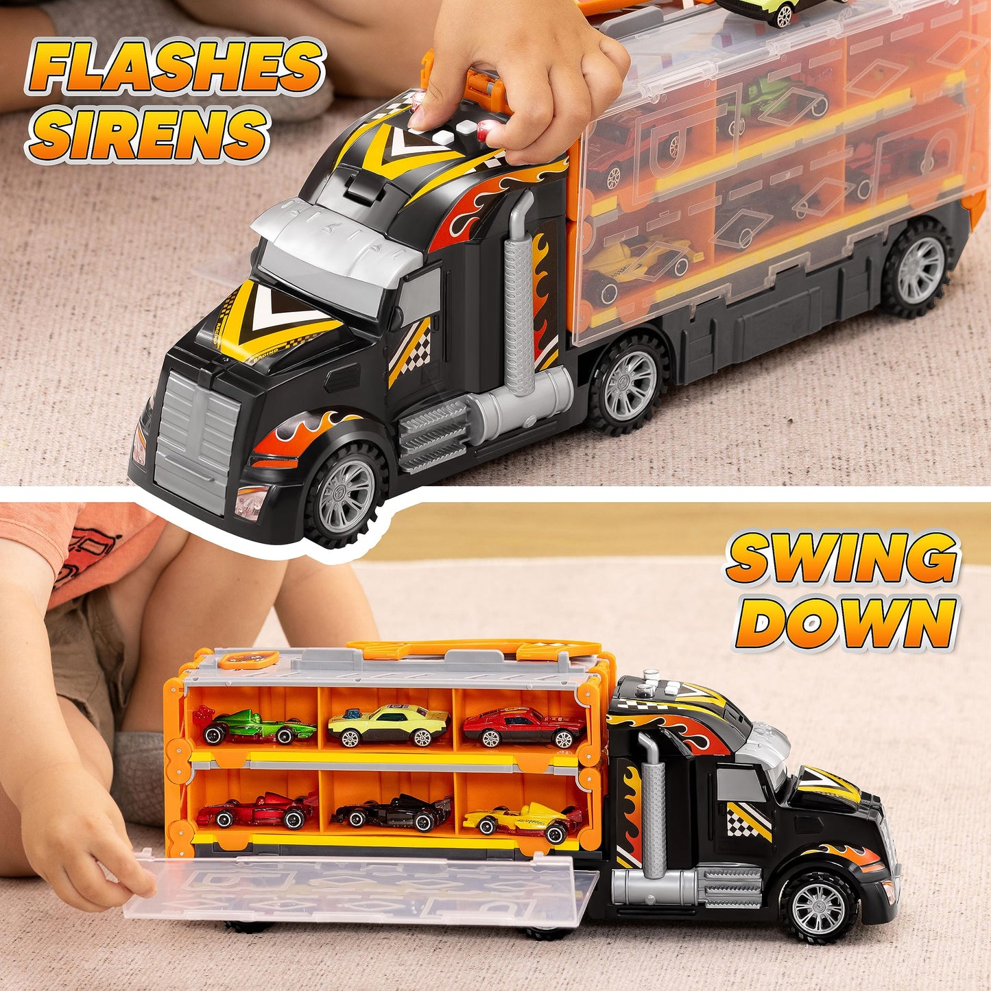 JOYIN Kids Toy Truck Playset with 60" Race Track, 12 Die-Cast Cars, Lights & Sounds – Toddler Gift for Boys & Girls Ages 2-7