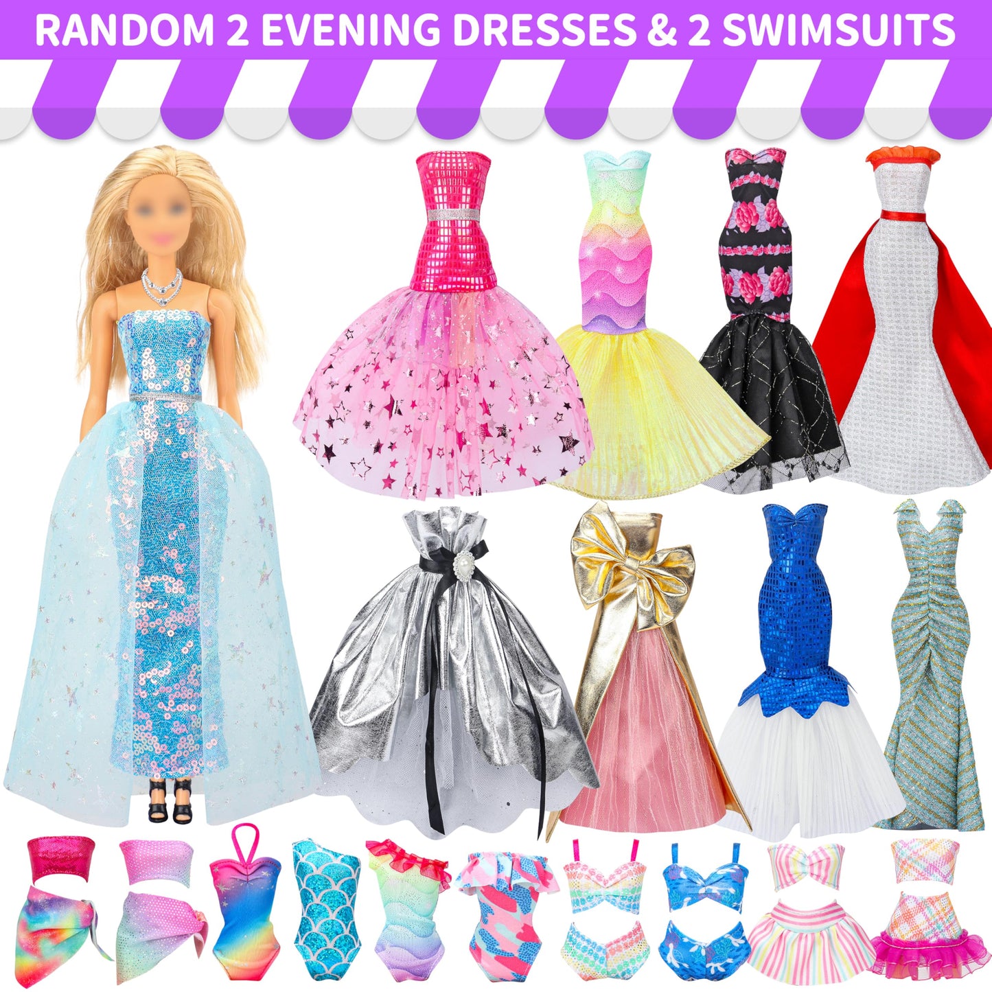 Style Shine 90-Piece Doll Clothes & Accessories Set – Dresses, Gowns, Swimsuits, Shoes, Hangers & Toys for Girls, Kids Gift