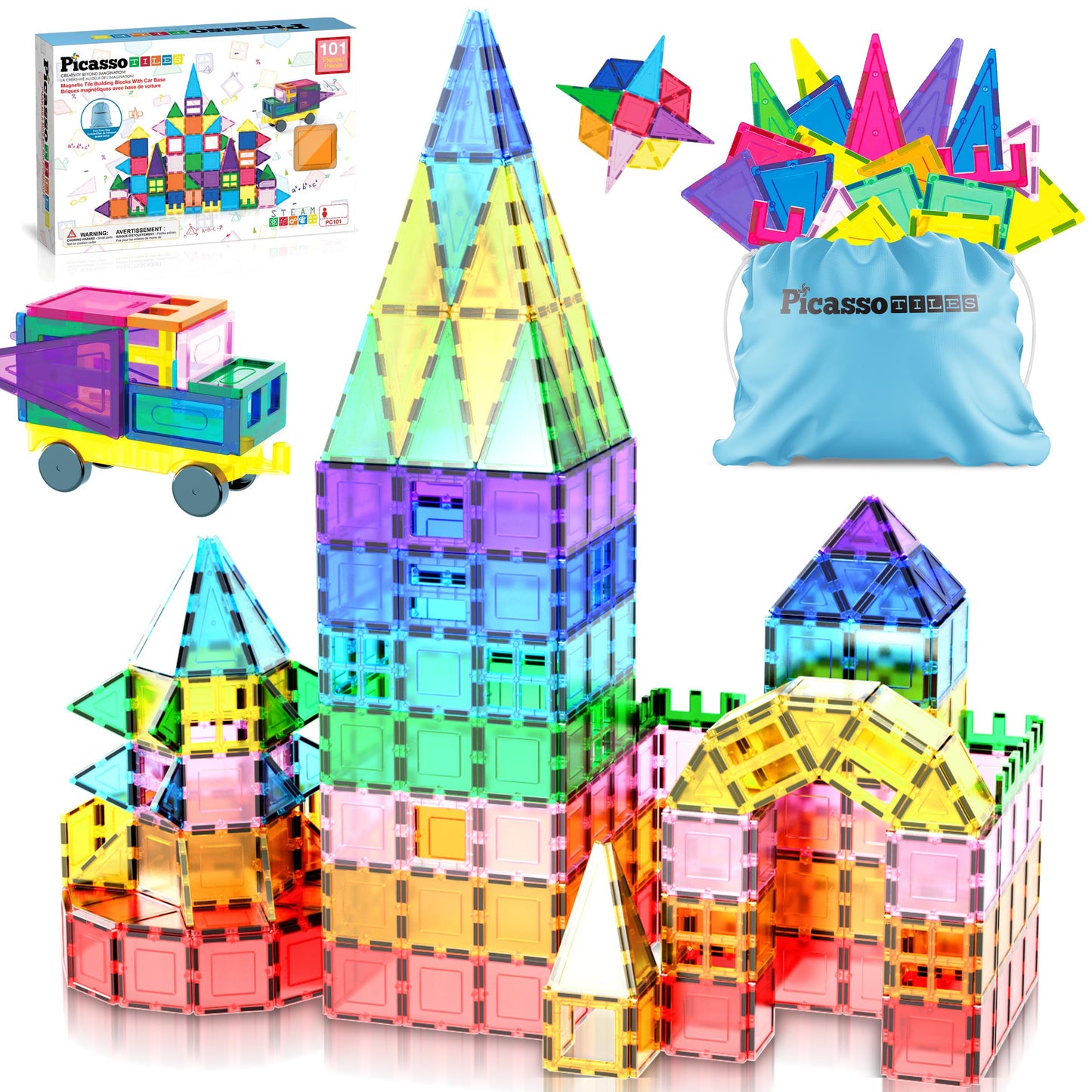 PicassoTiles 101-Piece Magnetic Building Blocks Set with Car & Carry Bag, STEM Toy for Toddlers & Kids Ages 3+, Educational Playset