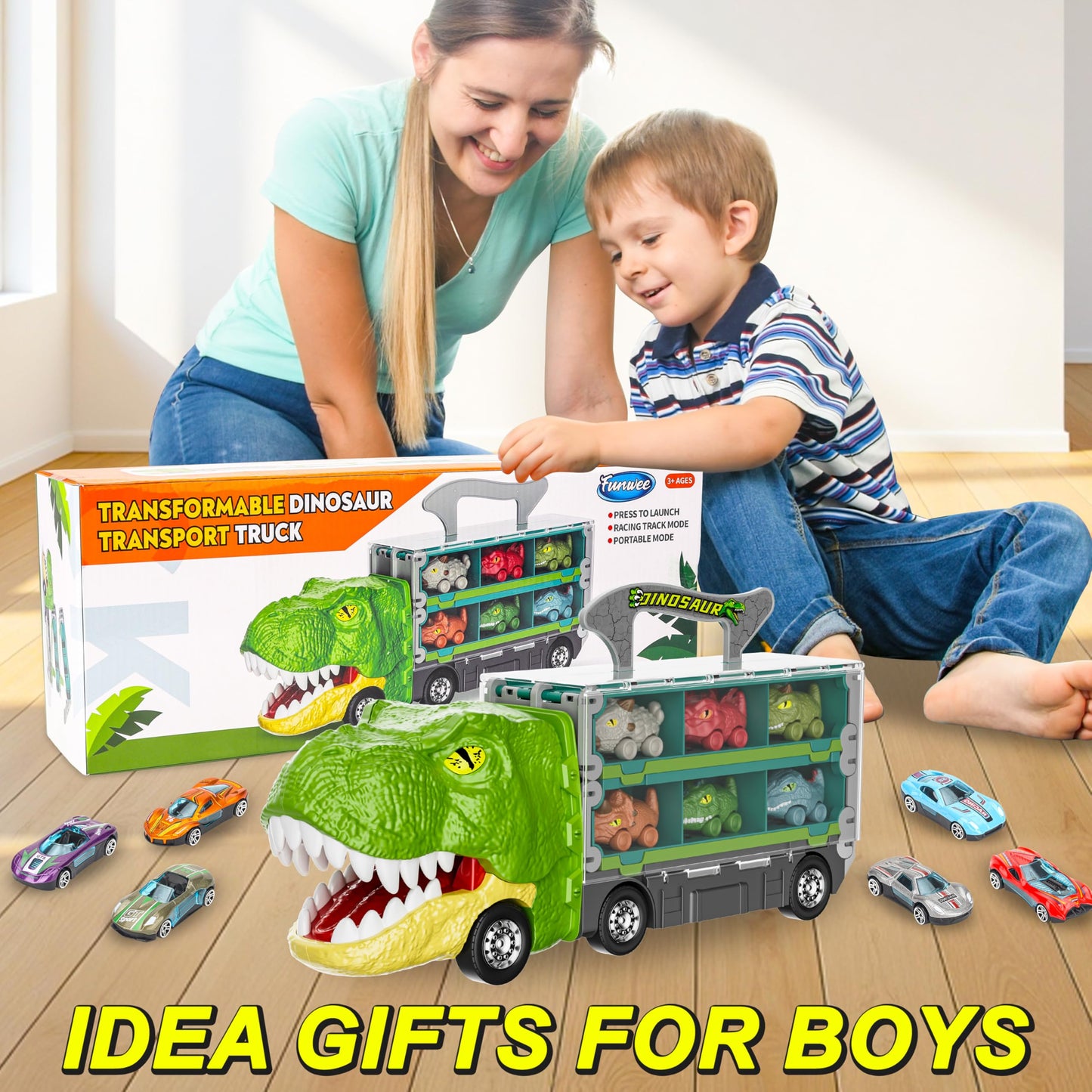 13-in-1 Dinosaur Car Toy Set for Kids, Foldable Track & Race Mode with 6 Dino Cars & 6 Race Cars, Toddler Boys 2-6, Birthday Gift