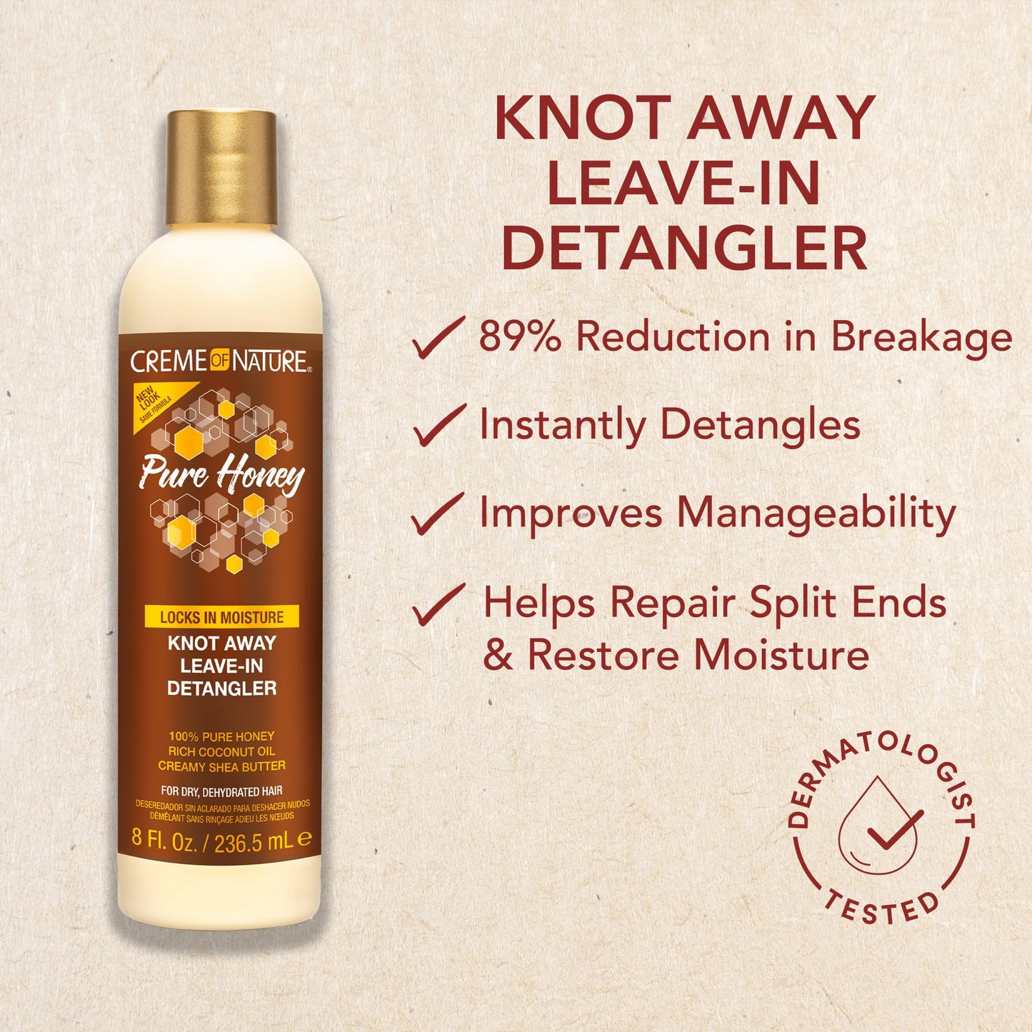 Creme of Nature Pure Honey Knot Away Leave-In Detangler 8 oz | Instantly Detangles & Softens | With Coconut Oil & Shea Butter for Dry Hair