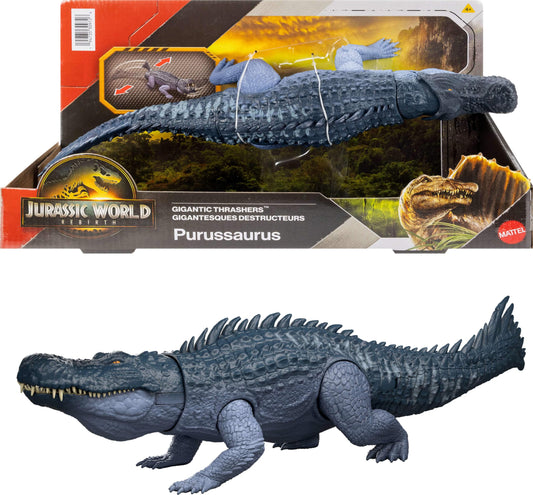 Mattel Jurassic World Rebirth Gigantic Thrashers Dinosaur Figure, Purussaurus Large Species Toy, 2 Rampage Attacks, Digital Play