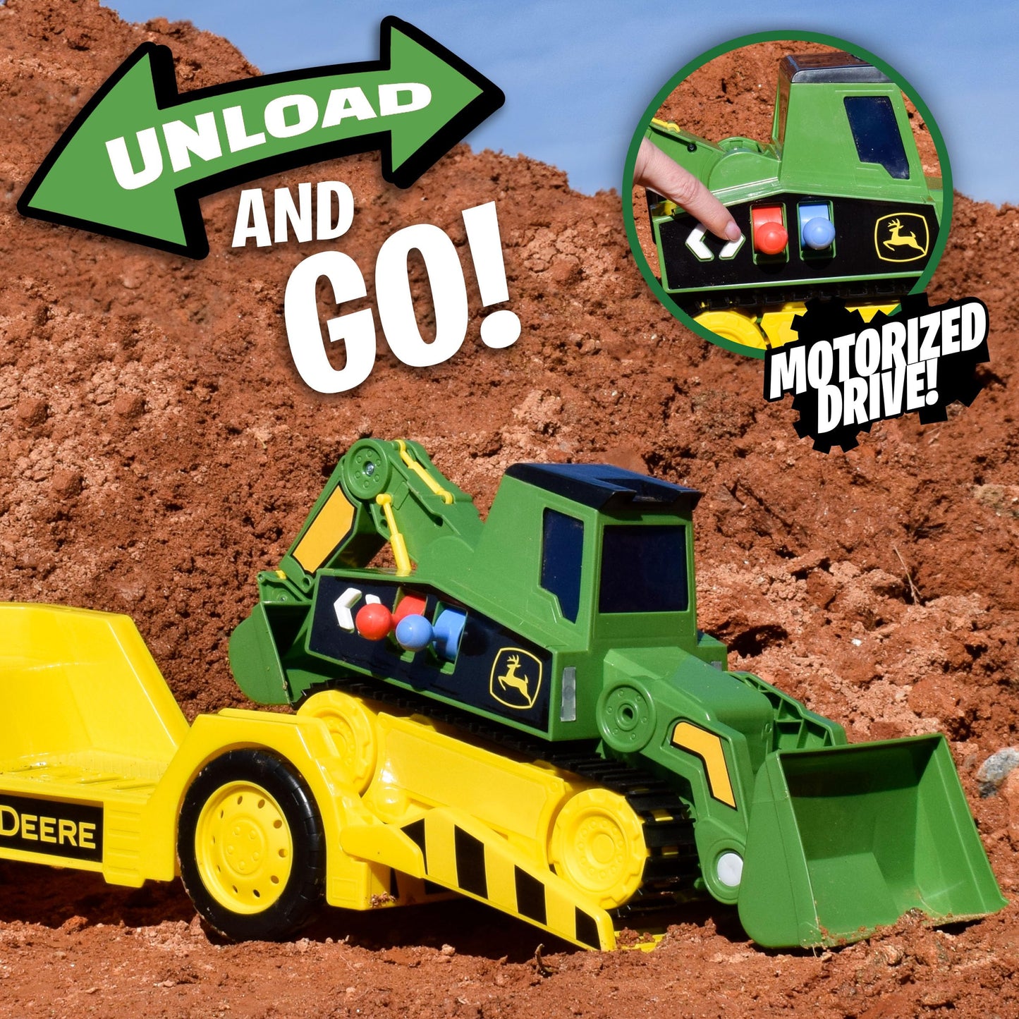 John Deere 2ft Extra Large Mega Mover Dual Joystick Motorized Trucks: Front Loader & Hoe with Trailer, Lights, Sounds Construction Toys for Kids 3+
