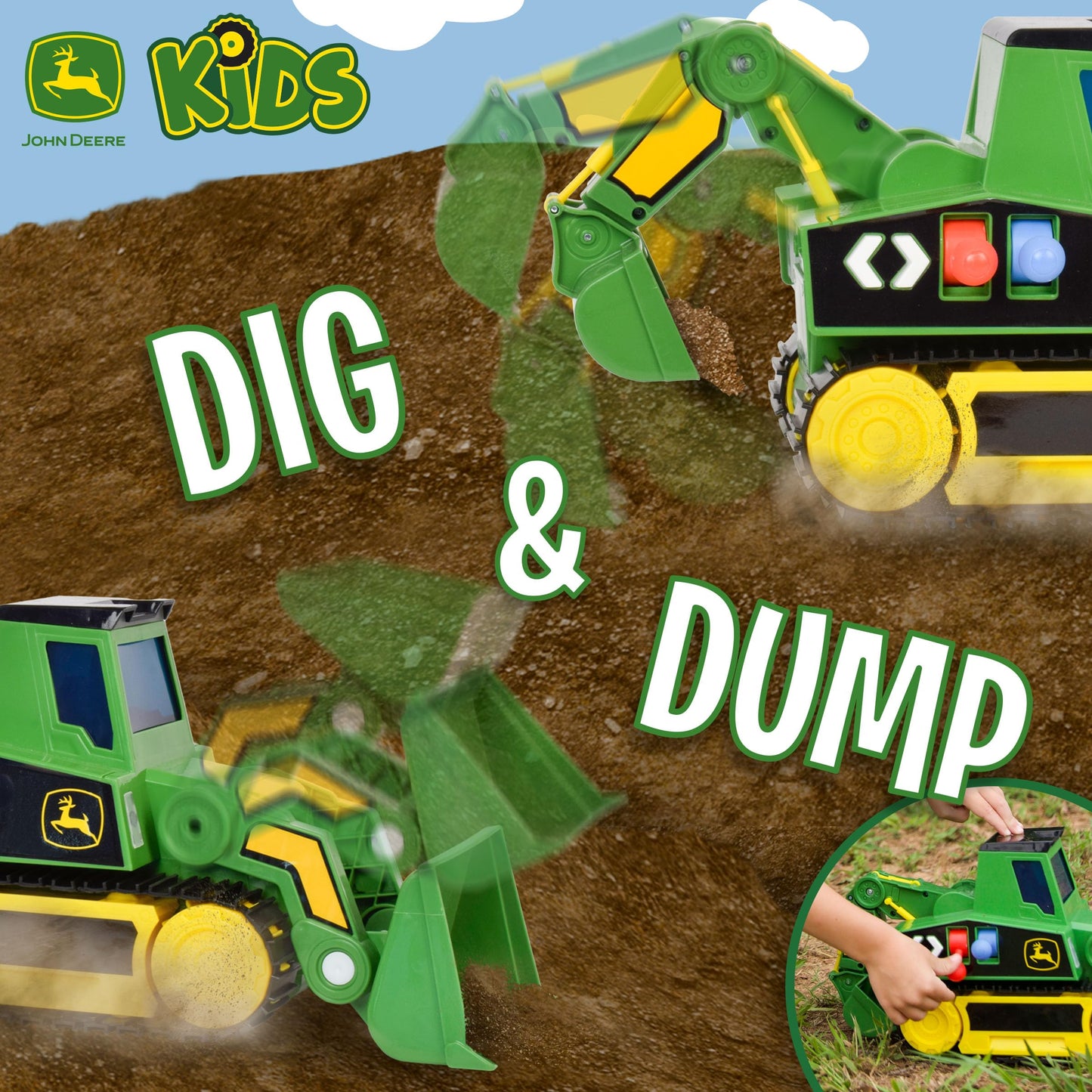 John Deere 2ft Extra Large Mega Mover Dual Joystick Motorized Trucks: Front Loader & Hoe with Trailer, Lights, Sounds Construction Toys for Kids 3+
