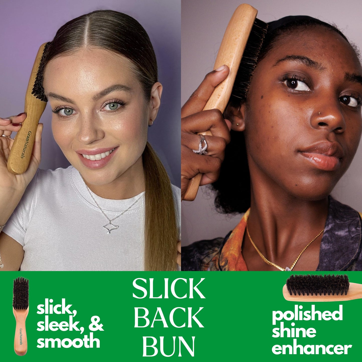 GranNaturals Boar Bristle Slick Back Brush – Soft/Medium Hairbrush for Smooth, Sleek, Frizz-Free Styles – Polishes & Lays Hair Flat – Wooden Handle