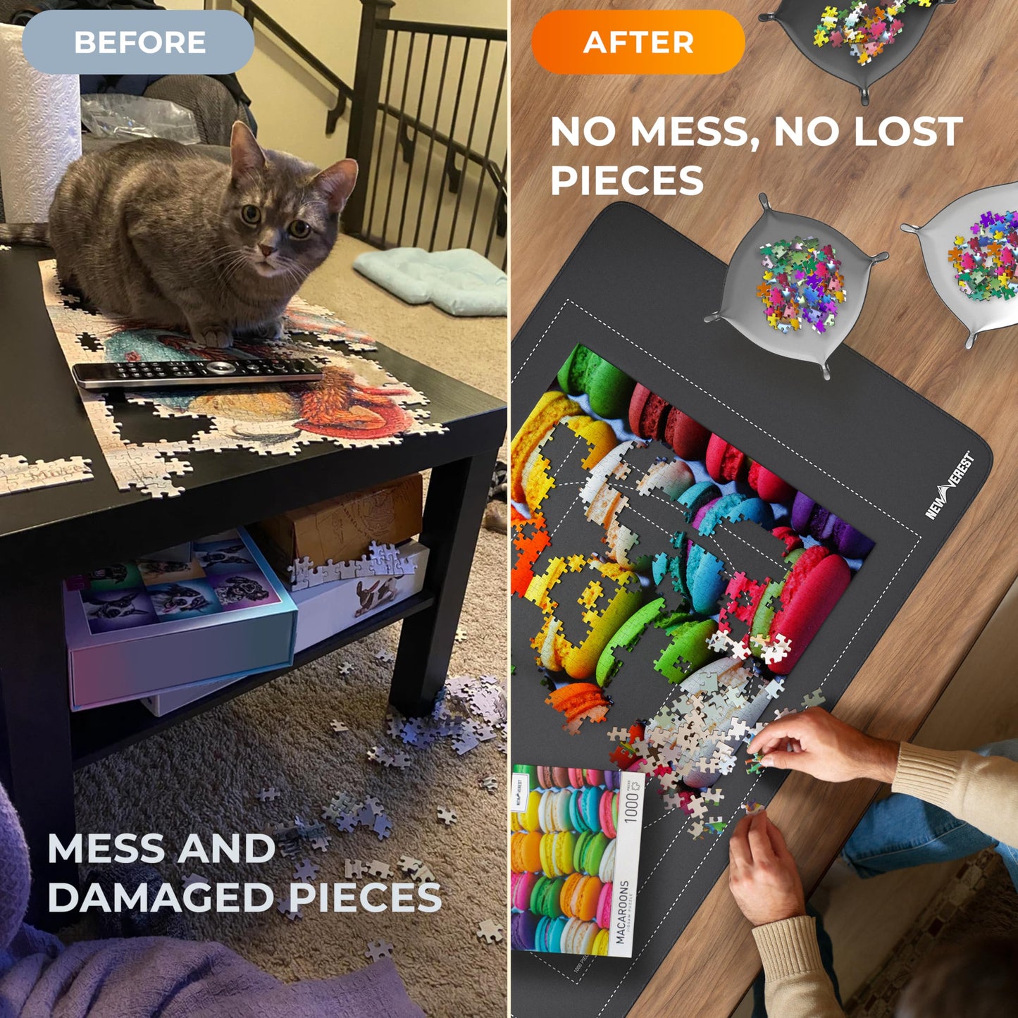 Newverest Jigsaw Puzzle Mat Roll-Up – 46"x26" Saver Pad for Up to 1500 Pieces, Non-Slip, Includes 3 Sorting Trays & Travel Storage Bag