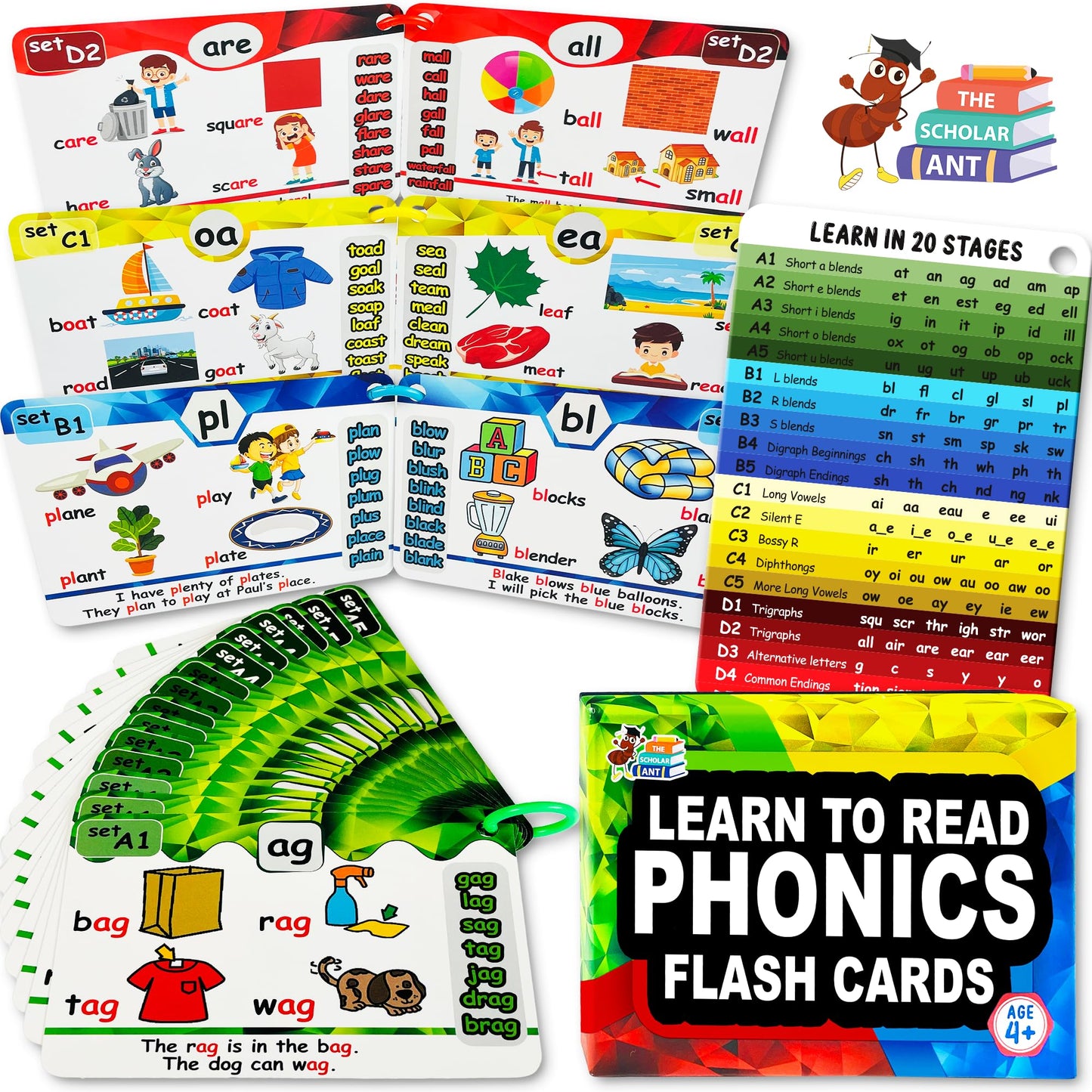 Phonics Flash Cards for Kids 4-8 – 20-Stage Spaced Repetition System, CVC, Digraphs, Blends & Long Vowels, Reading Games for K-2