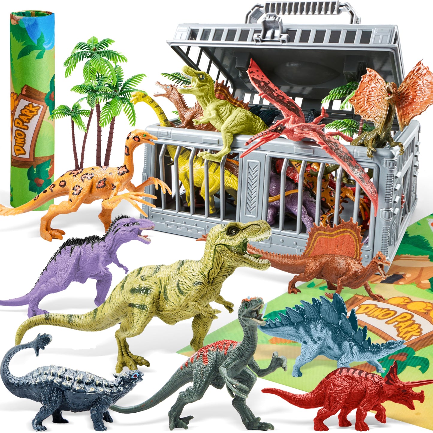 JOYIN Dinosaur Toy Set with 19 PCS Realistic Dinosaurs, Trees, Play Mat & Storage Cage – Fun Educational Gift for Kids Ages 3-5