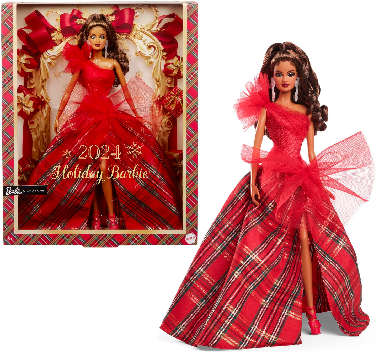 Barbie Signature 2024 Holiday Doll with Light Brown Hair in Plaid Gown, Collectible Toy in Displayable Packaging